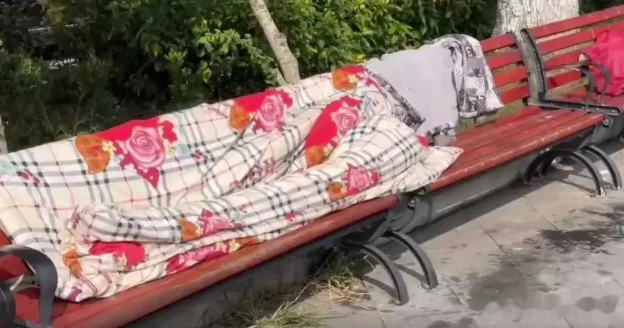 小区花园的长椅上，一床被子，一件棉衣，几件散落的生活用品，是一位71岁的老奶奶在