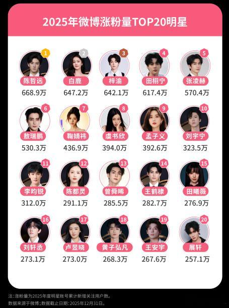 陈哲远2025微博涨粉量TOP12025微博涨粉量TOP10明星 2025微博娱