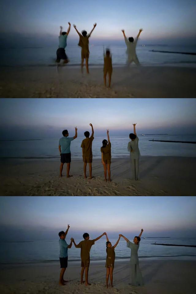 元宵节孙俪晒出一家四口的海边合影。儿子女儿笔直的大长腿抢镜，完美继承了娘娘和超哥