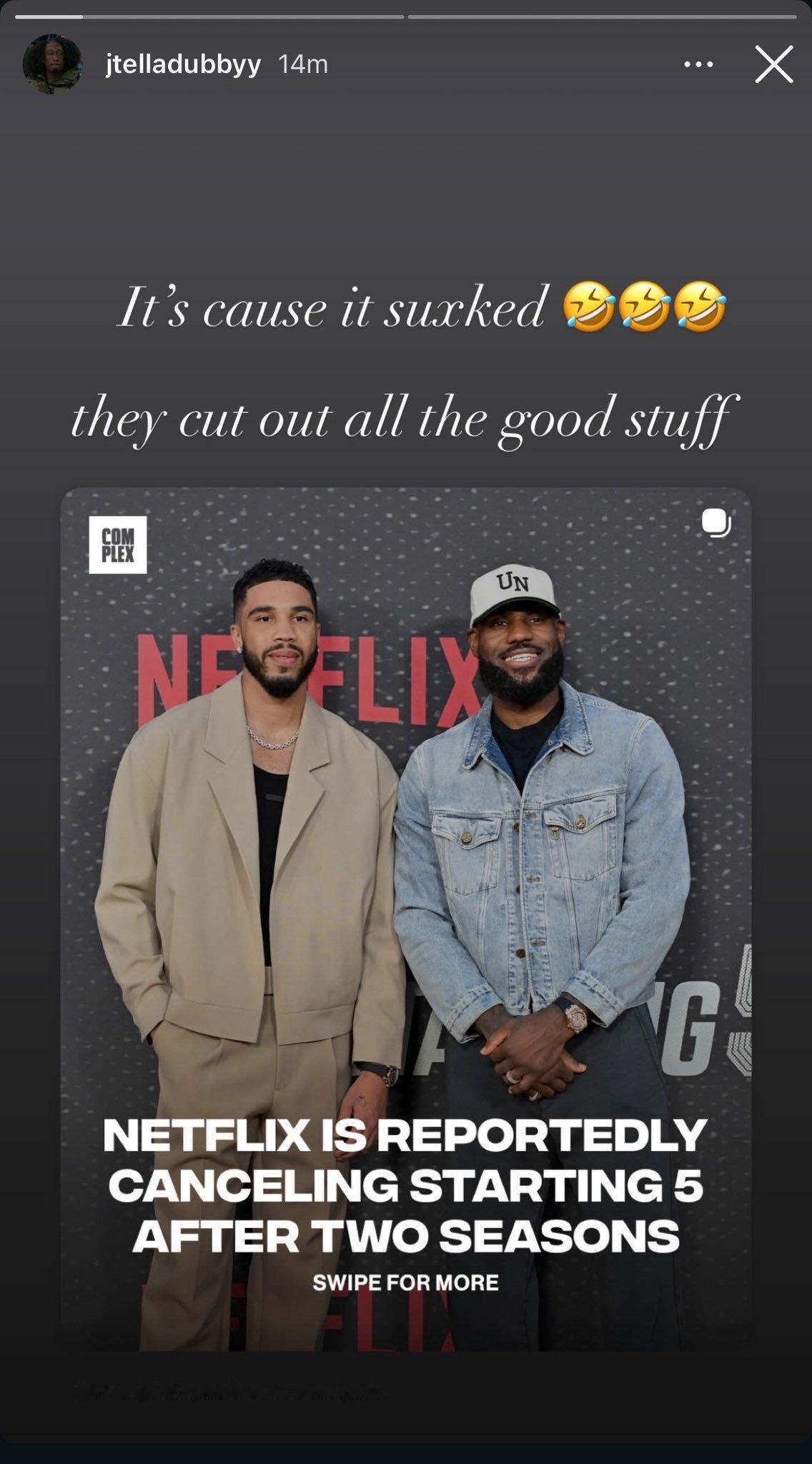 Netflix宣布，在《先发五虎》播出两季后不再继续搞了。杰伦威廉姆斯锐评：“因