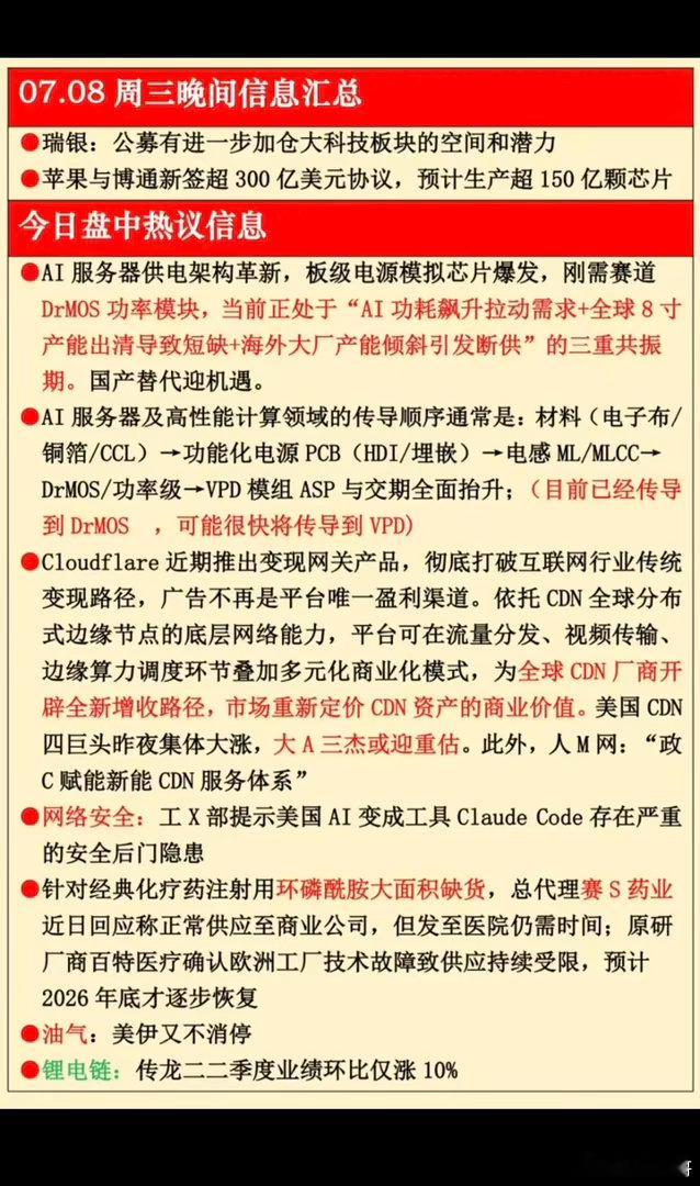 7.08周三  晚间财经信息汇总！1.功率模块，AI服务器2.网络安全3.环磷烯