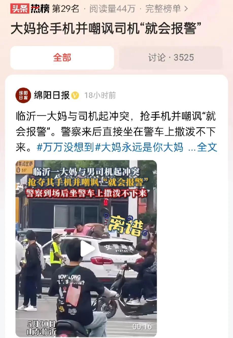 山东临沂，一大妈与司机发生了争吵，大妈为了阻止司机报警，竟然公然抢夺司机的手机。
