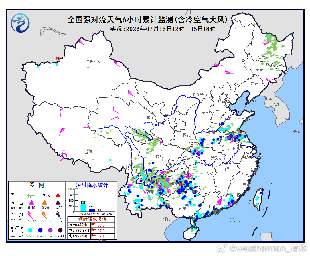 【强对流】今天下午在云南、四川南部、贵州部分地区、广西北部、广东沿海、湖北西部、