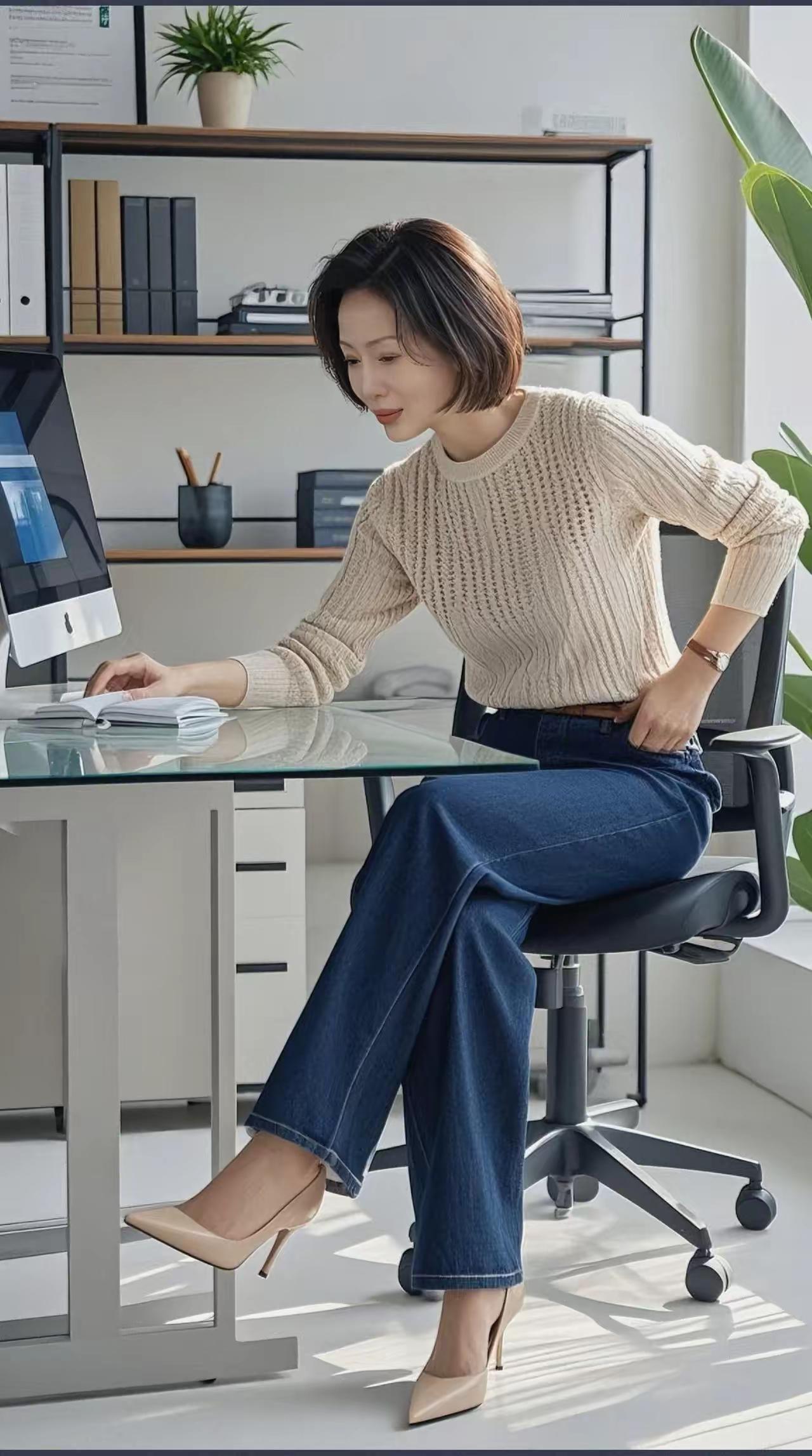 现代办公室里的时尚女性，优雅工作，自信满满！💼✨
