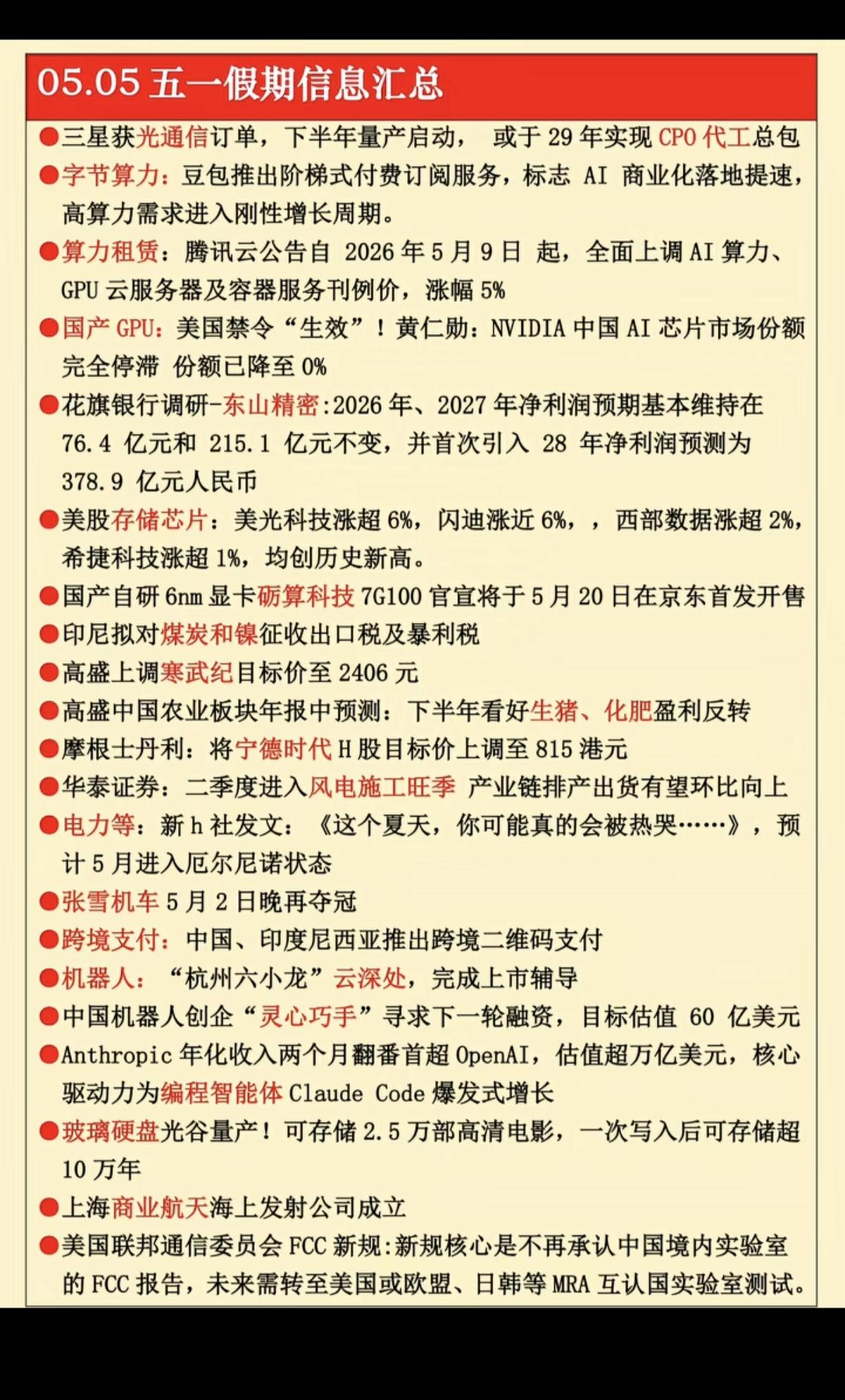 5.5周二  五一假期财经信息！

1.字节算力
2.国产GPU
3.存储芯片（