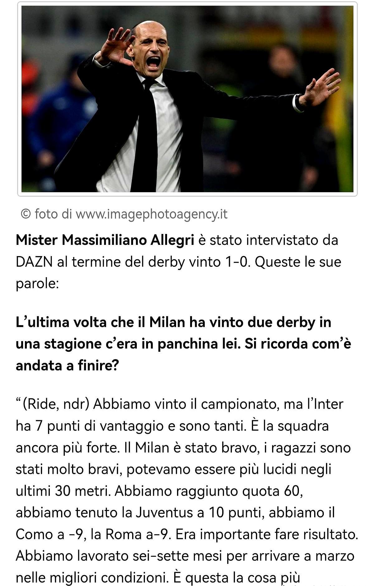 15年首次联赛双杀国米，阿莱格里赛后第一反应是泼冷水。
 
3月8日意甲第28轮