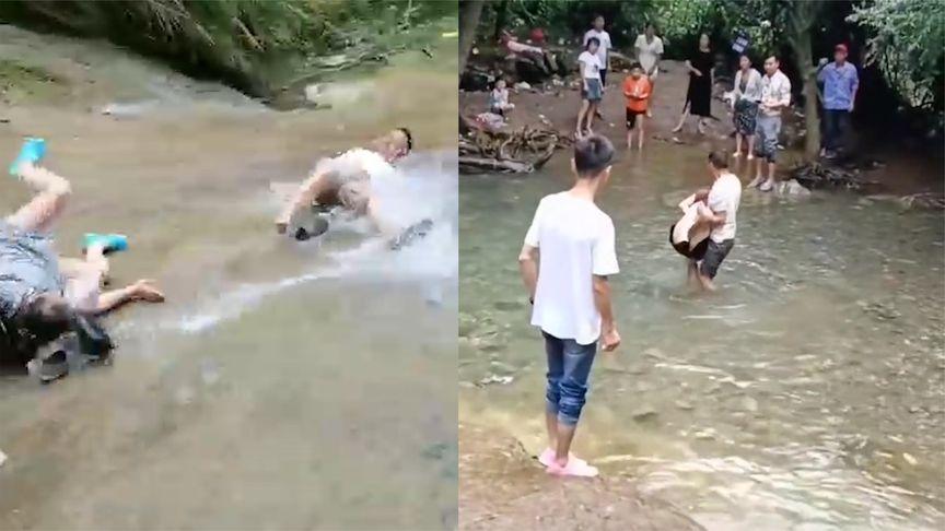 【游客慕名黄石瀑布攀爬时滚落摔晕 当地曽尽力劝导，效果甚微】近日，多位网友发布视