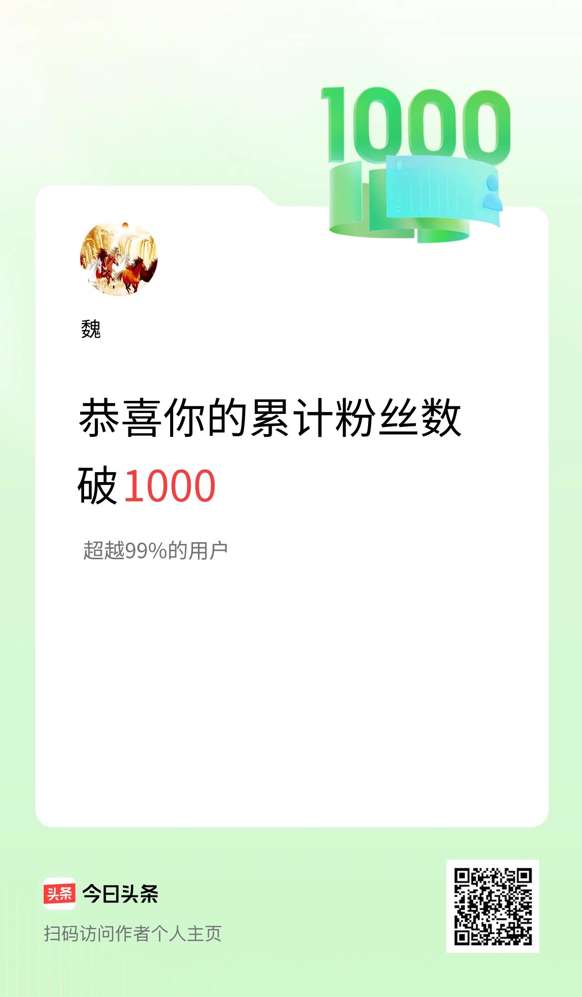 我在头条累计粉丝数破1000啦！