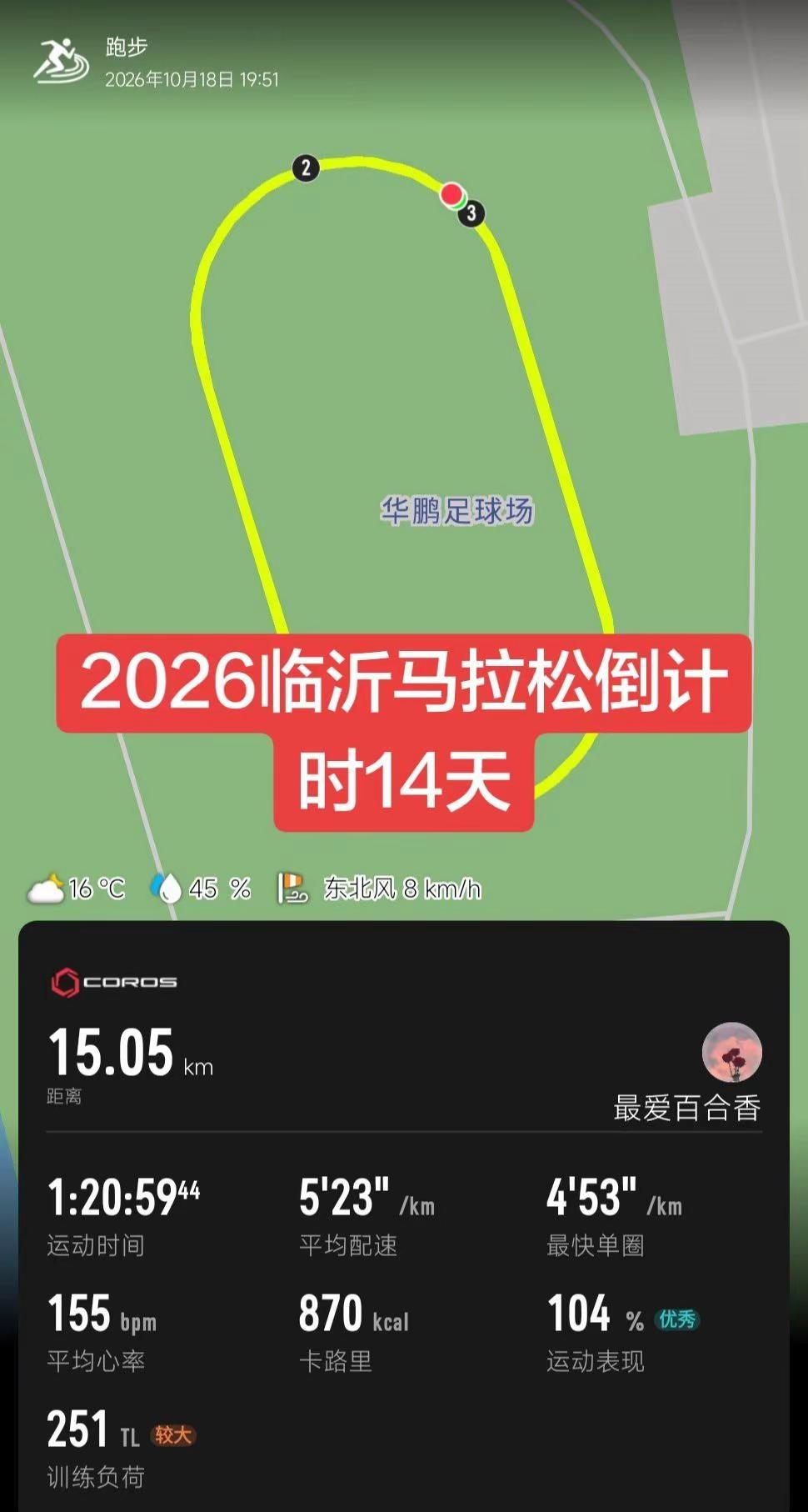 2026临沂马拉松倒计时14天。长距离跑，选错了选田径场模式，后期掉速了临沂马拉