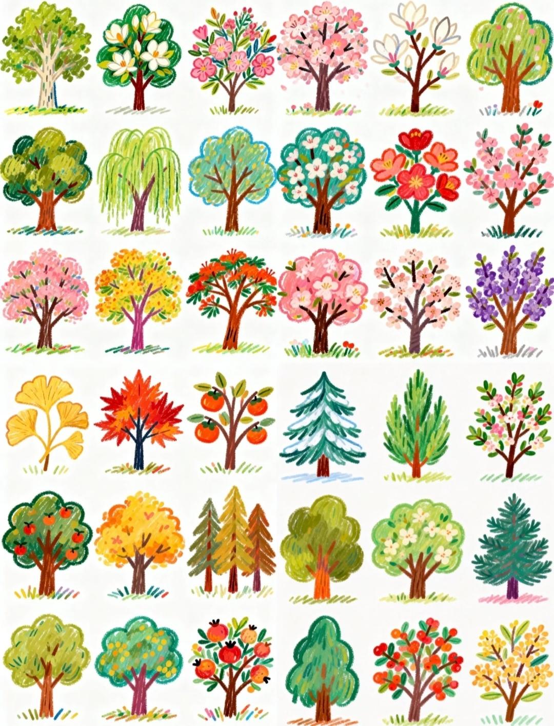 太可爱了！各个季节树木的简笔画，适合陪孩子看...