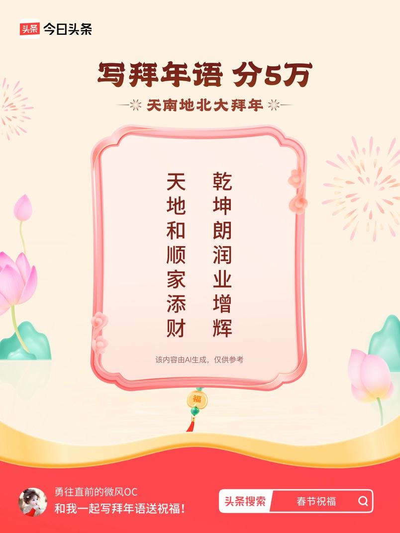 写拜年语送祝福新春拜年送祝福！我的祝福是：“天地和顺家添财，乾坤朗润业增辉”！快