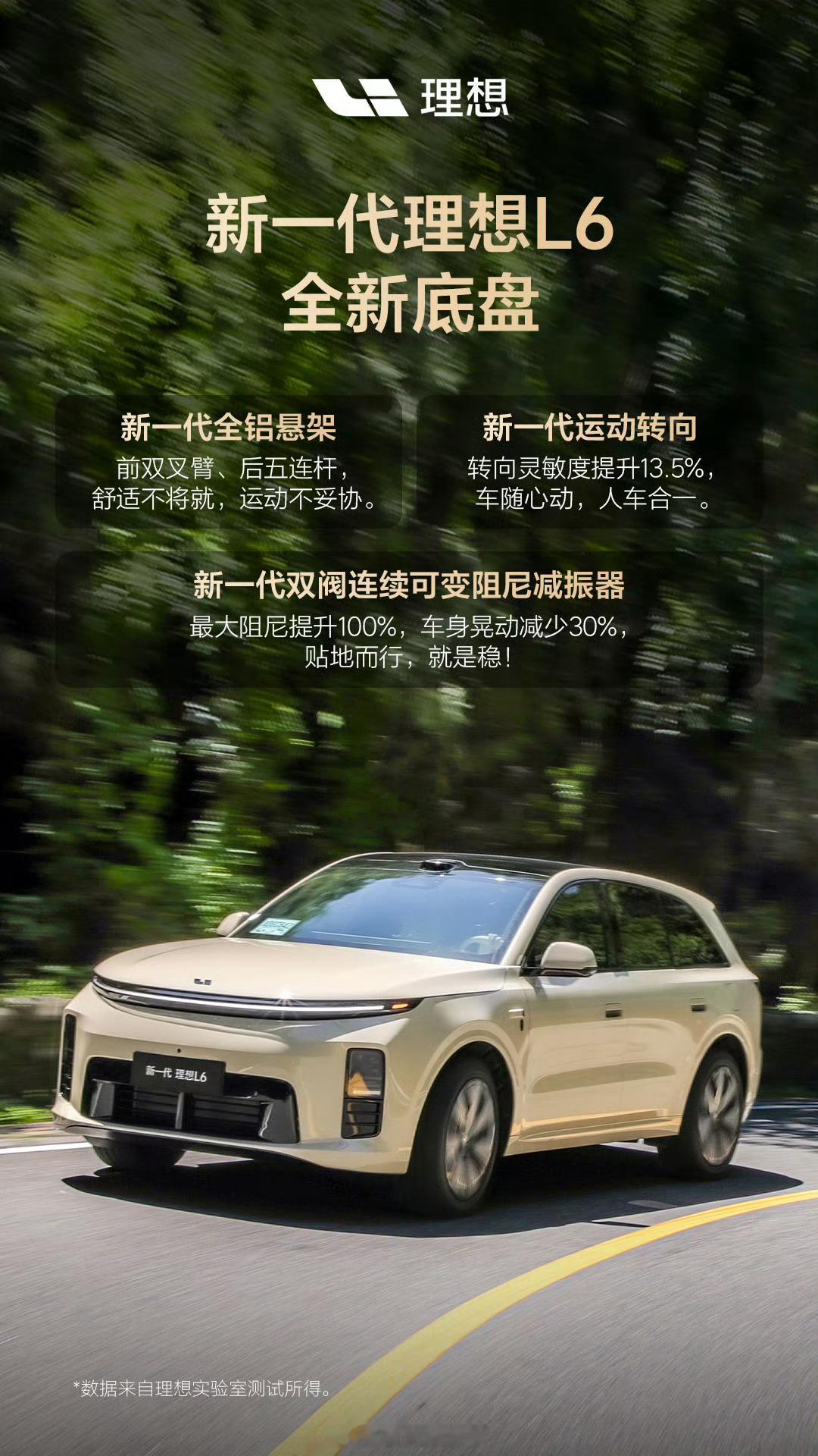 新一代理想 L6 的全新底盘：-新一代全铝悬架；-新一代运动转向；-新一代双阀连