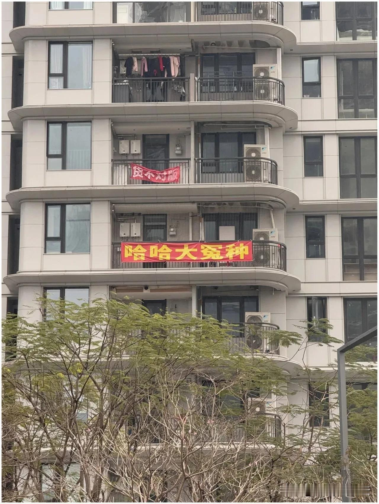 交房不满意，直接拉横幅。法拉利宣传，拖拉机交付。
很多人买新房就是自带滤镜，各种