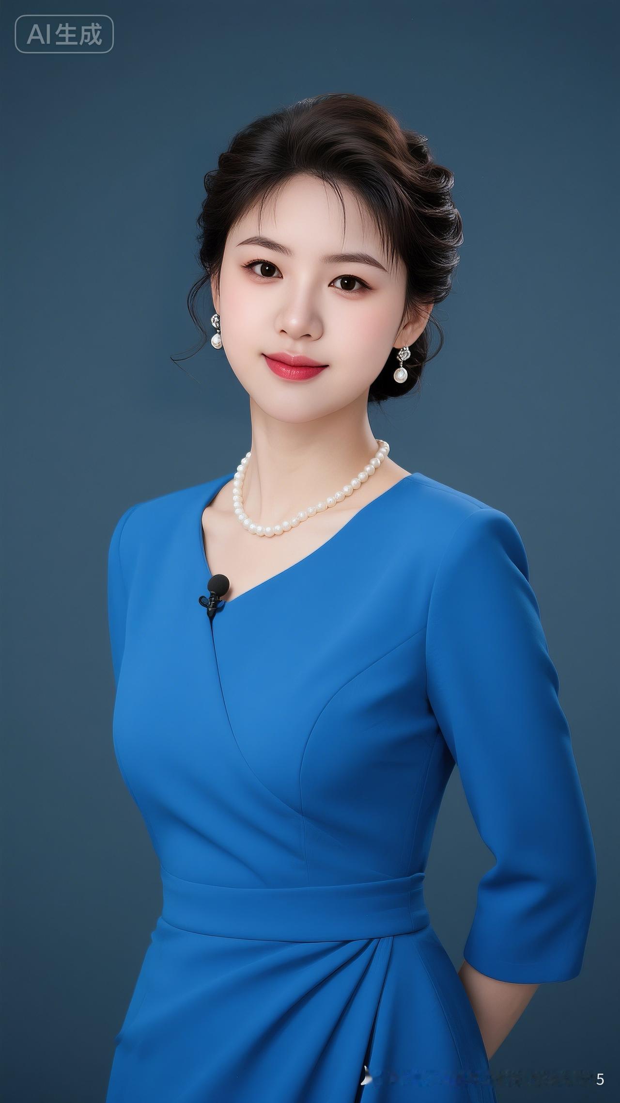 美女身着宝蓝色职业裙装，头发挽起微卷，五官精致，笑容温柔，双眼明亮，睫毛纤长，气