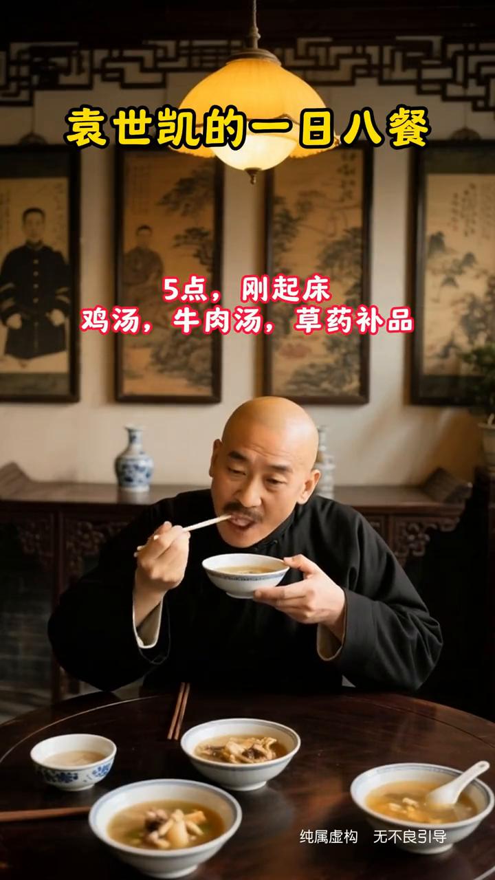 袁世凯的一日八餐。
·5点刚起床，鸡汤、牛肉汤、草药补品。
·7点正式早餐，4个