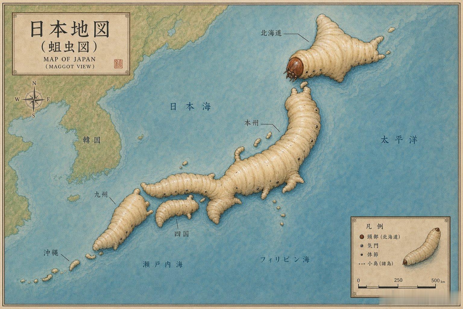 据X博主：日本地图也称蛆虫图！错误问题：日本领土不包括琉球国，而北方四岛是俄罗斯