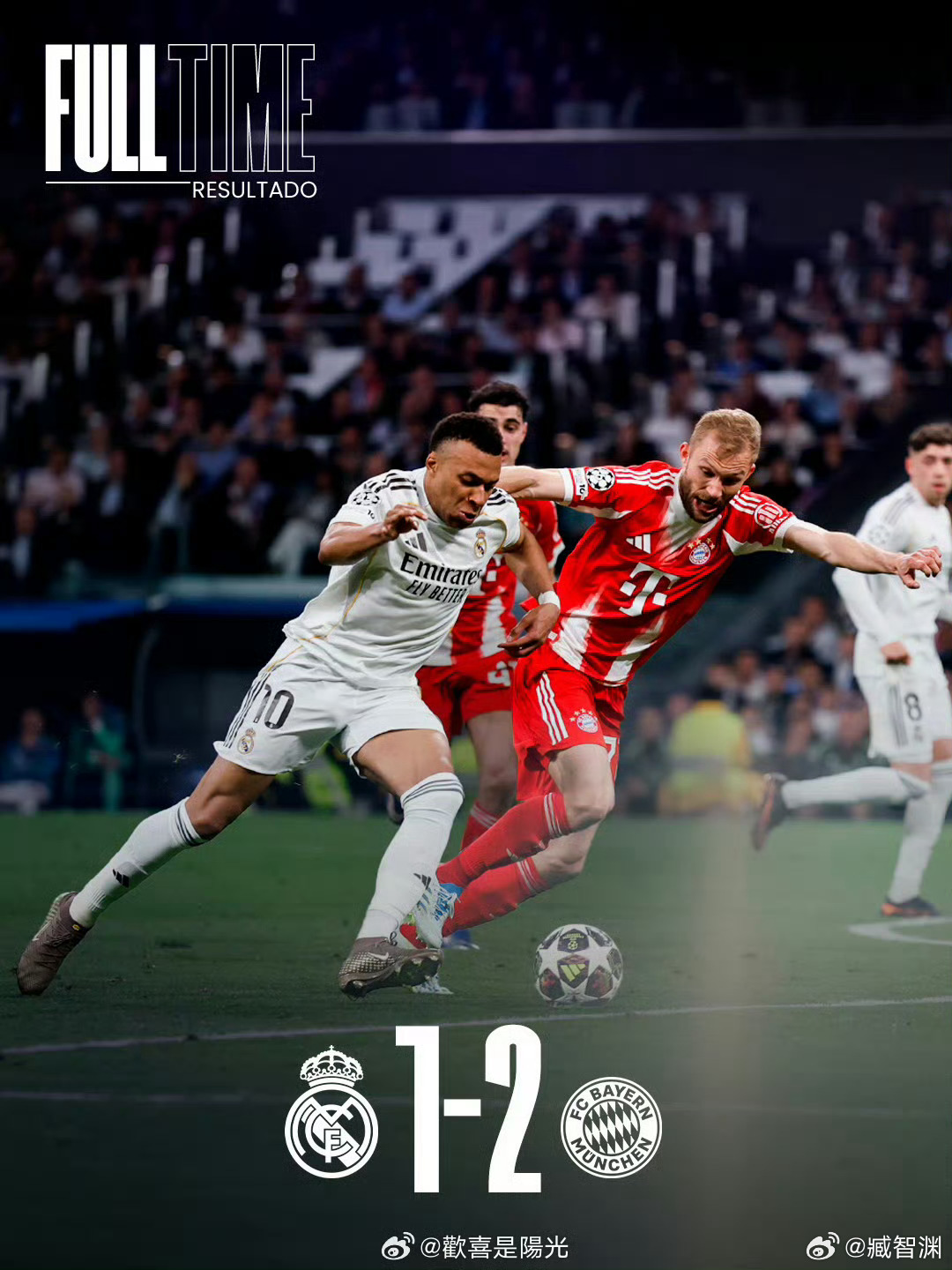 欧冠联赛 皇马1比2拜仁葡萄牙体育0比1阿森纳1/4之夜，今晚看我萨的了。 