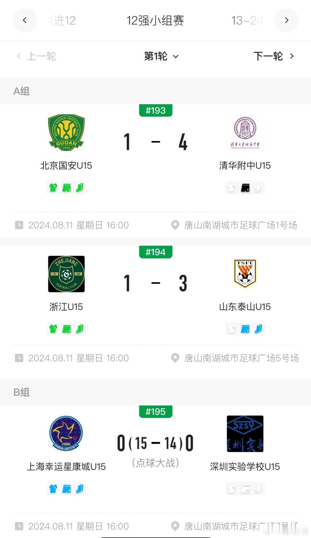 中青赛U15组12强:清华附中表现强势，山东泰山和广州恒大U15也很稳，湖北青年