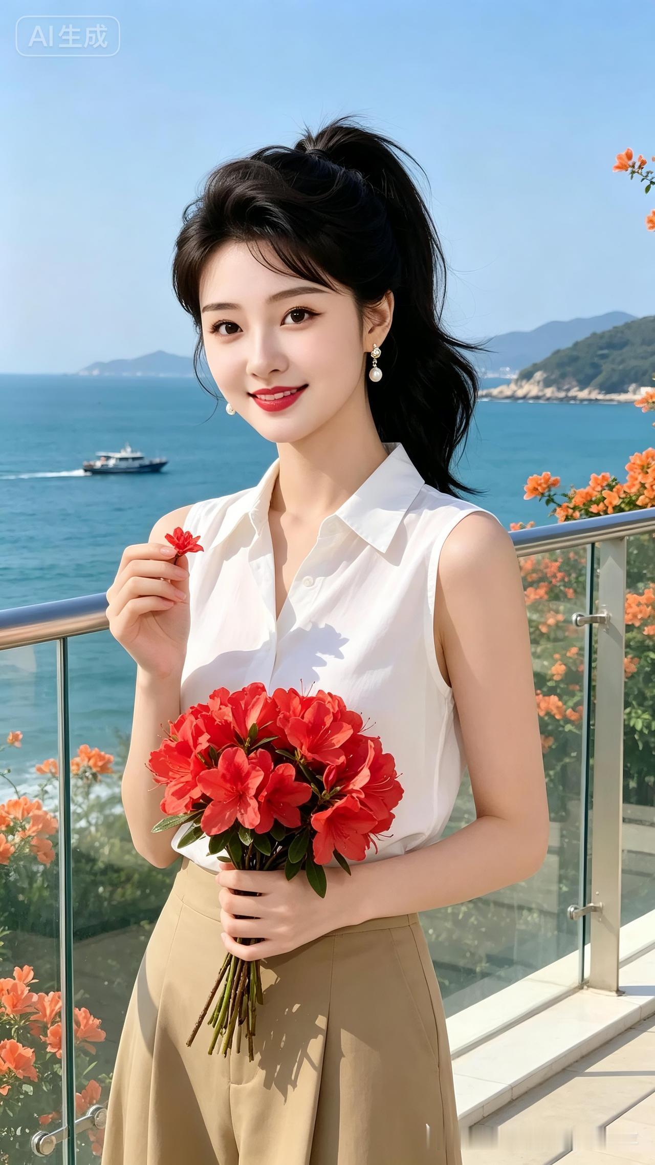 高马尾黑发少女配精致耳饰，白无袖衬衫搭卡其下装，手捧红杜鹃轻拈小花。立于玻璃观景