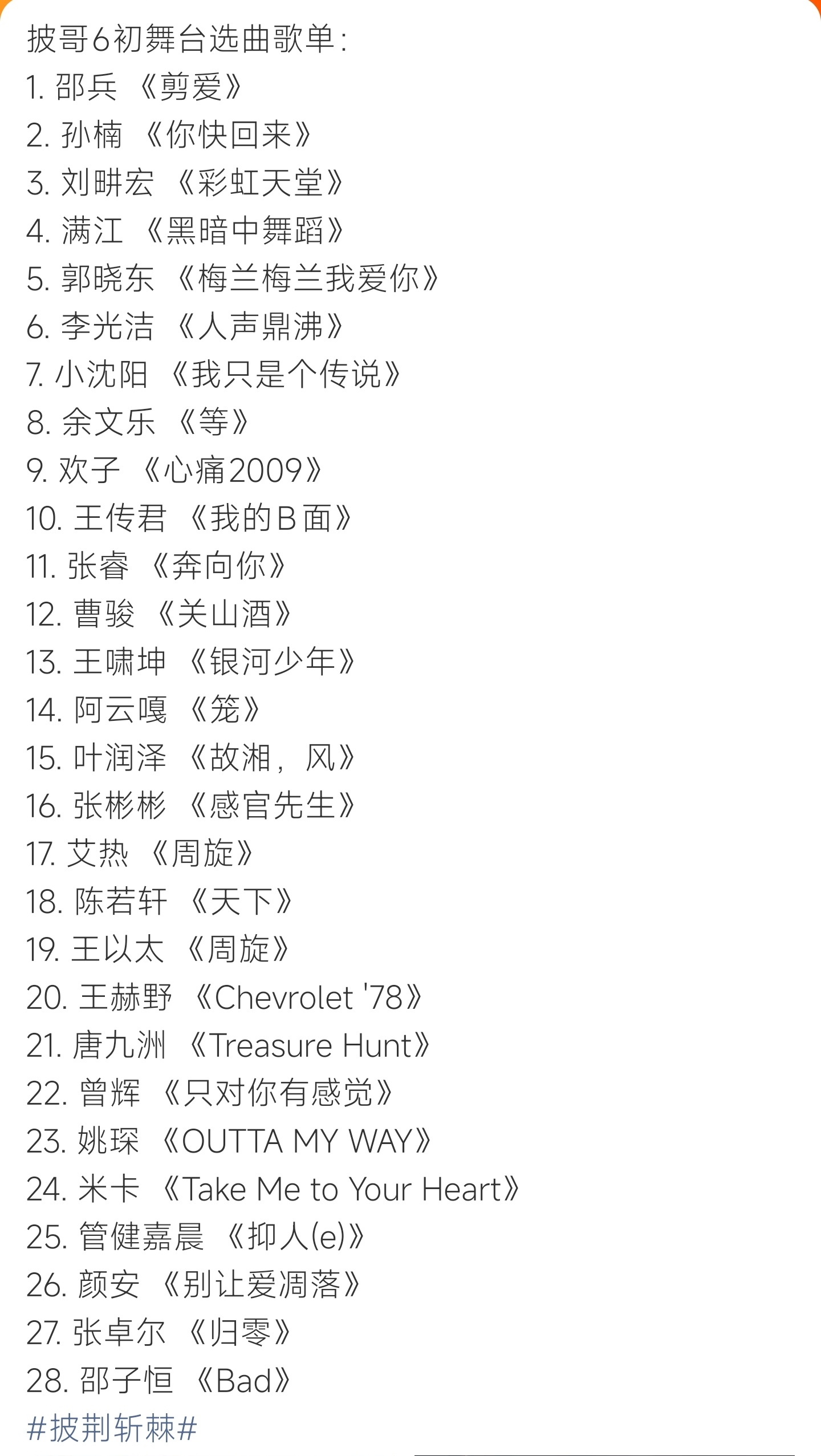 披哥6初舞台歌单28位哥哥初舞台曲目全曝光，老歌、说唱、国风外文曲齐聚，舞台期待