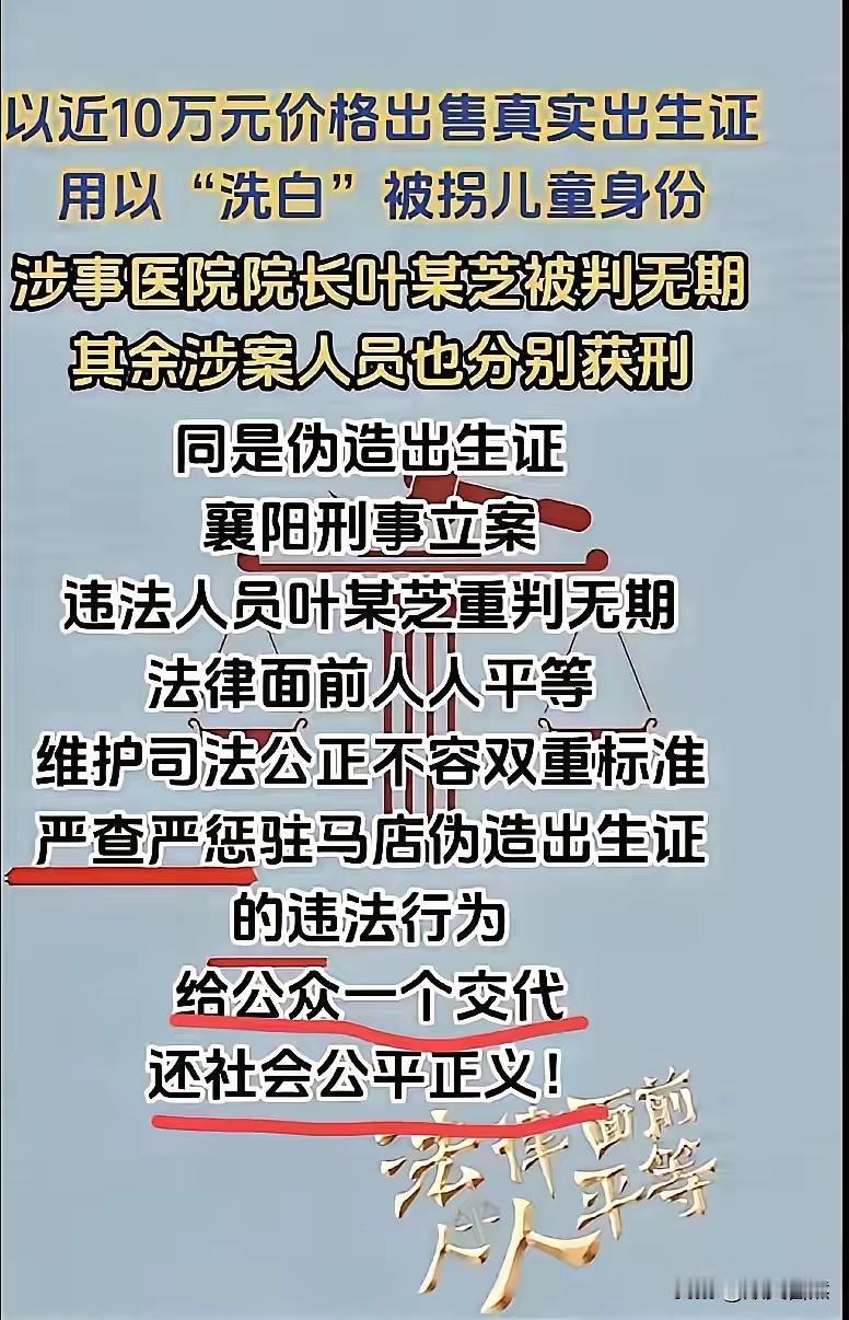 许敏发作品说：“湖北襄阳的叶某之贩卖出生医学证明，被判了无期徒刑。法律面前人人平