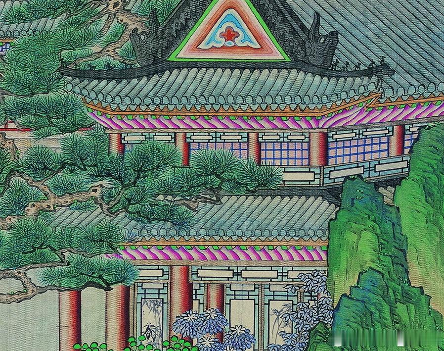 锦色Ⅱ彩画展里面的一大亮点，就是红楼梦的这幅画，疑似粉红色的椽子（因为宅子主人没