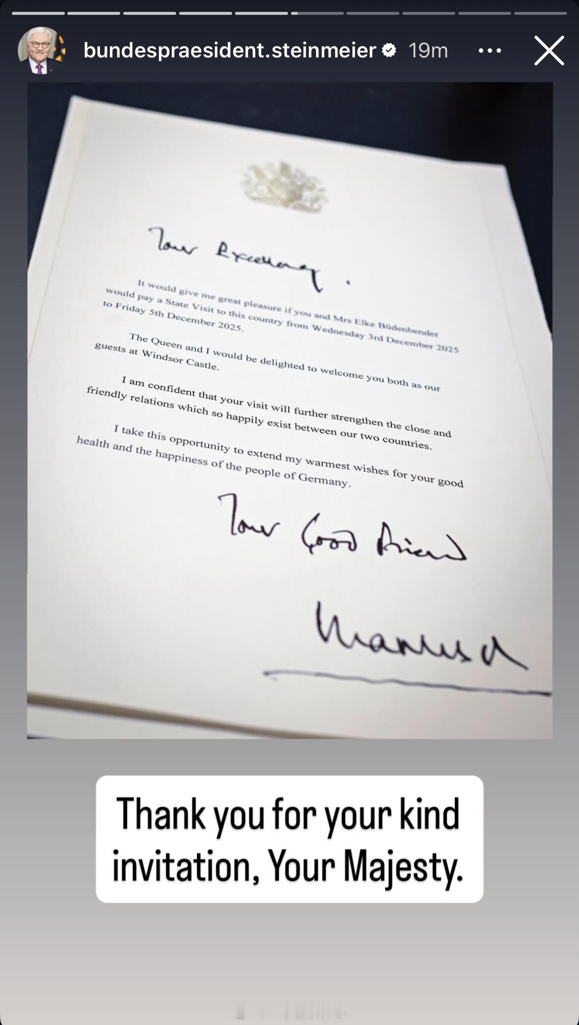 英国王室  德国总统分享查尔斯三世的邀请函，并配文：谢谢您的盛情邀请，陛下 