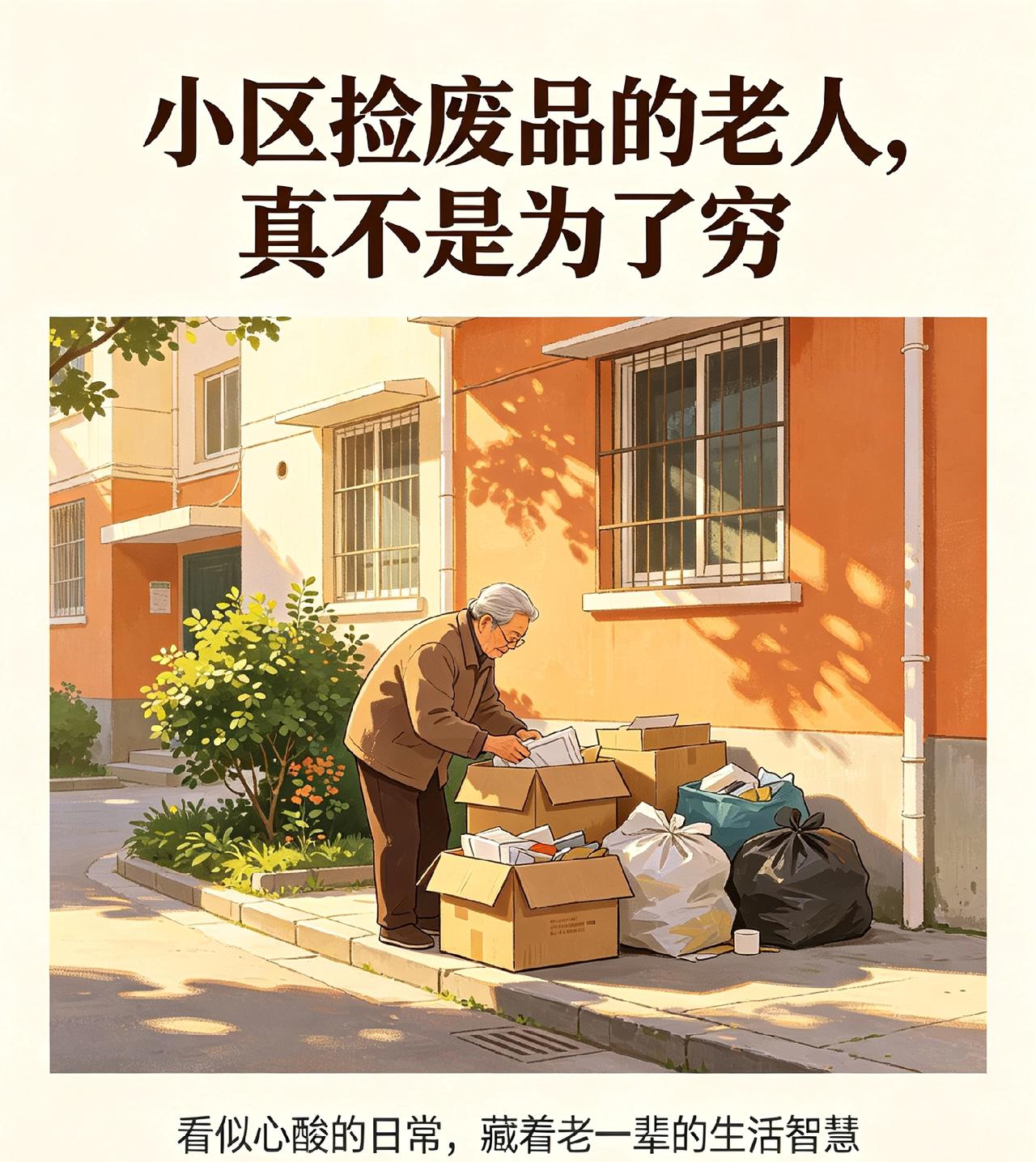 主标题（15字）
 
小区捡废品的老人，真不是为了穷
 
看似心酸的日常，藏着老