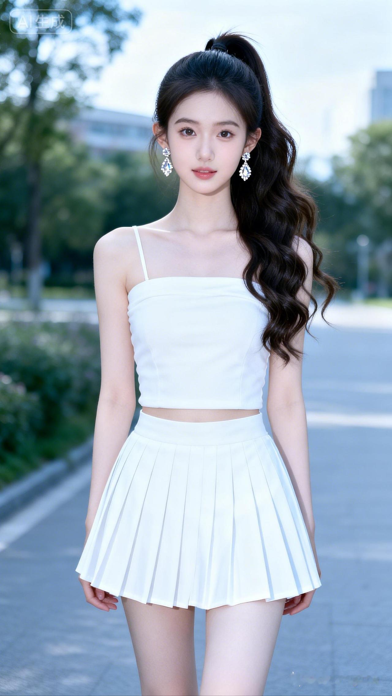 小美女脸型标准比例匀称，身姿娇小身姿纤细。冷白陶瓷水光肌肤通透嫩滑，高马尾长卷发