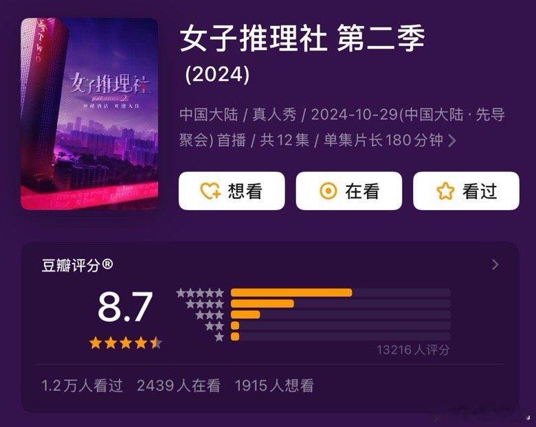 哇哦！女推2豆瓣开分了！8.7哎！第一季是8.4！祝越来越好！ 