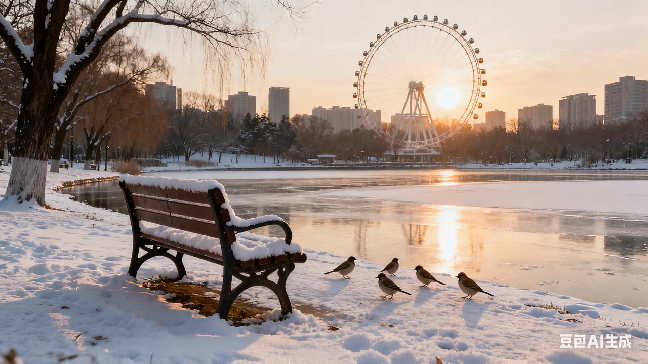 冬日生活打卡季在冬日的黄昏，一棵巨大的树孤傲矗立，枝头覆盖着厚厚的白雪，树干也披