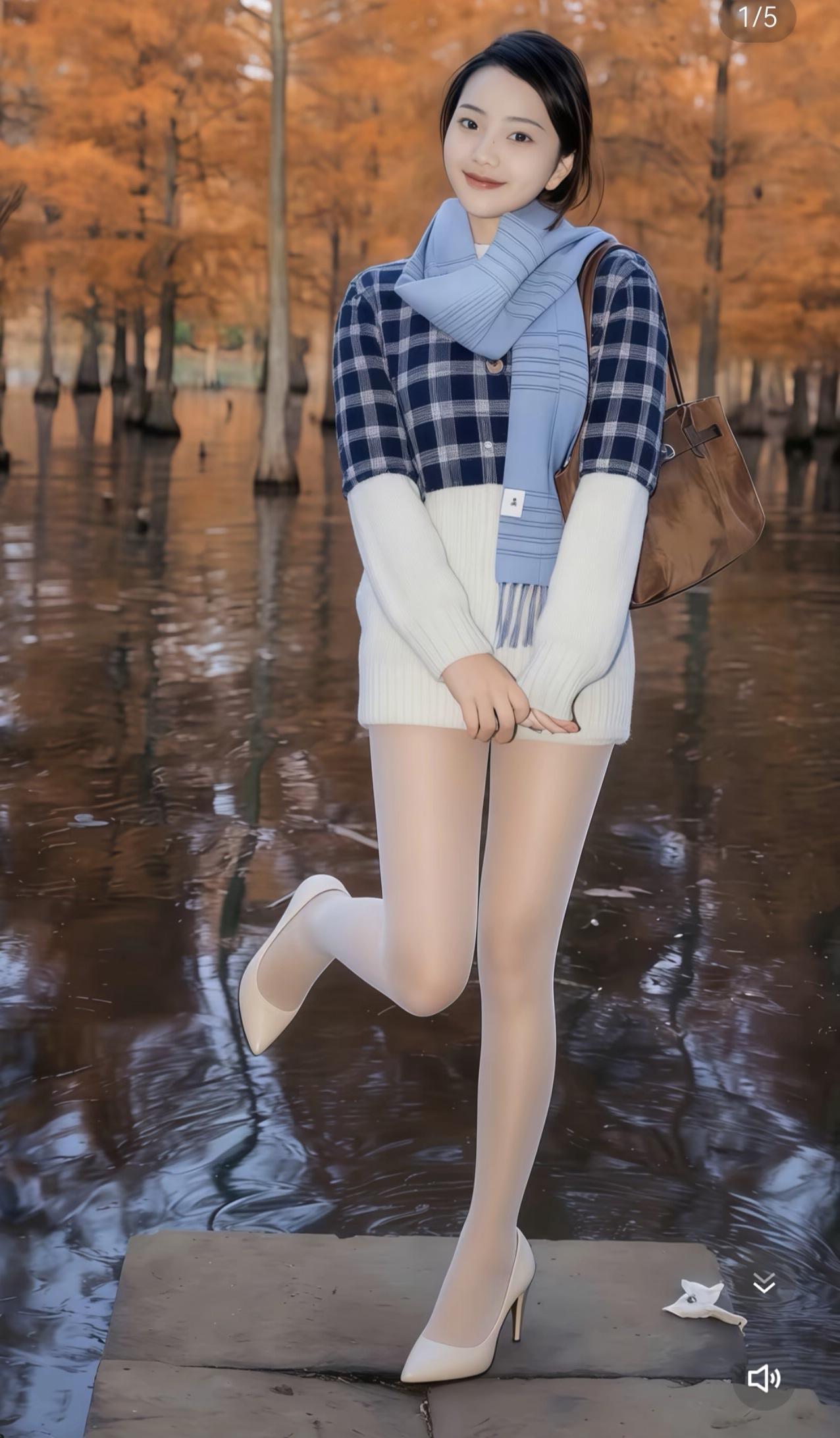 人物装扮与姿态 
- **服饰**：她上身穿着蓝白格纹短款外套，内搭米白色针织衫