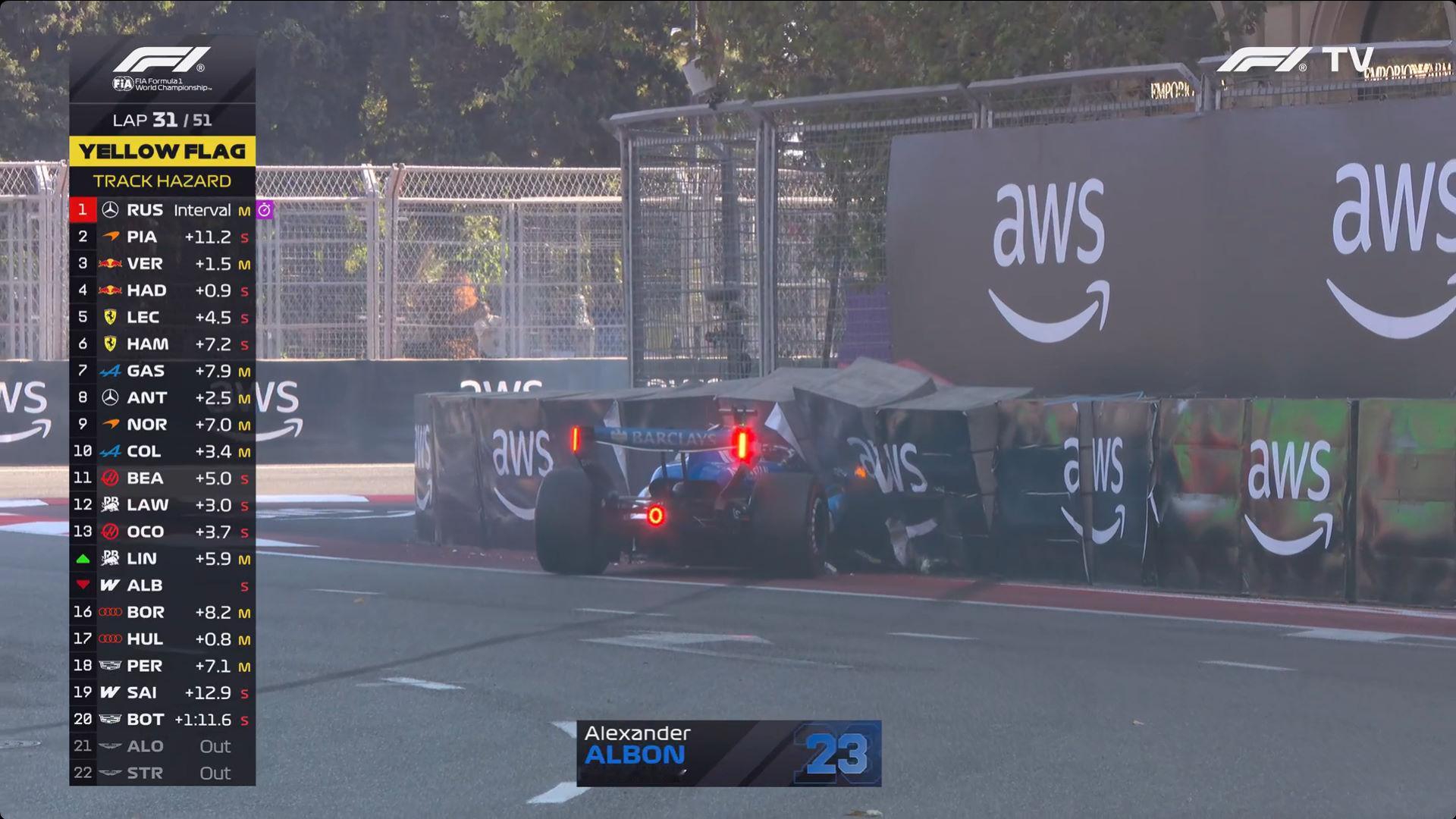 阿尔本赛车撞墙！安全车 换胎机会来了👀F1[超话]2026F1阿塞拜疆大奖赛 