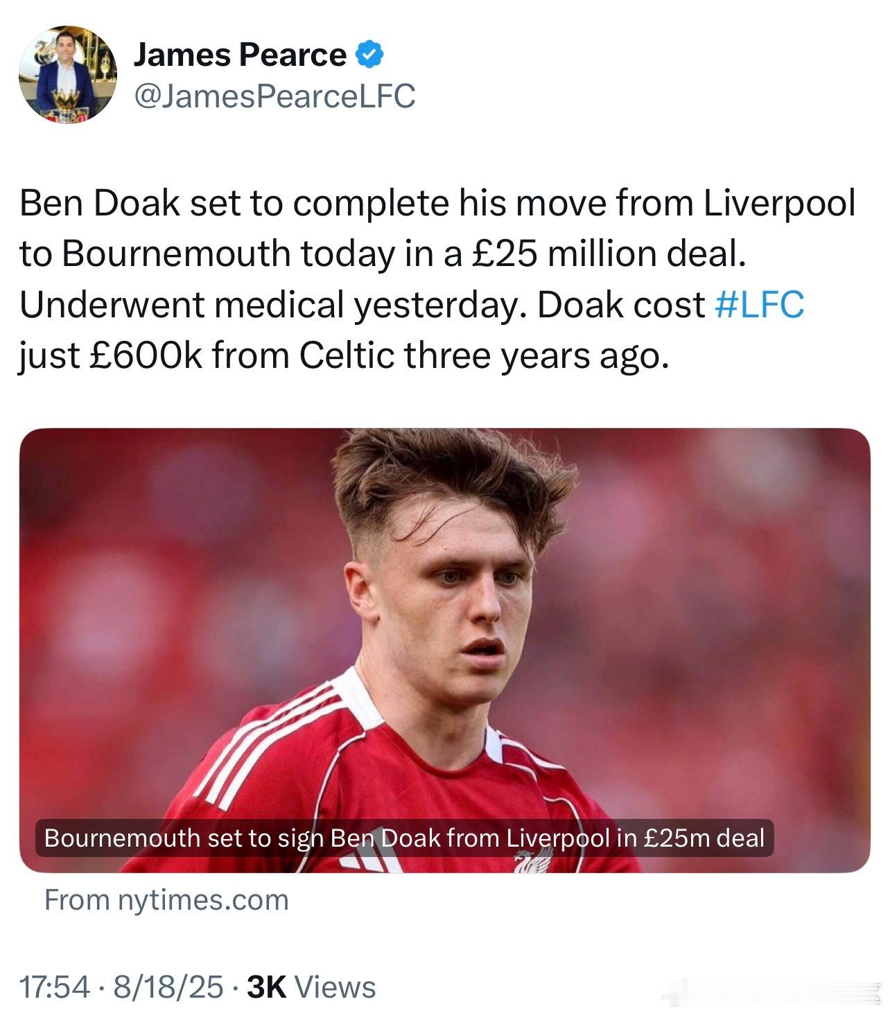 皮尔斯：本多克预计会在今天完成2500万英镑加盟至伯恩茅斯的转会，昨天球员已经接