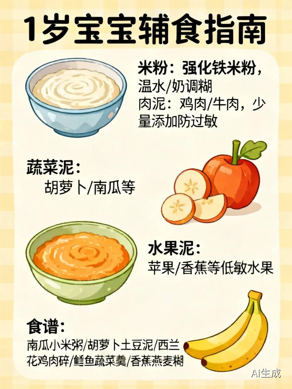 给1岁宝宝添加辅食可有不少讲究。米粉是常见选择，富含碳水化合物和多种维生素，初次