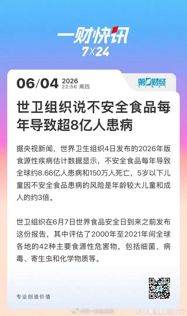 【世卫称不安全食品每年致超8亿人患病】据央视新闻，世界卫生组织4日发布的2026