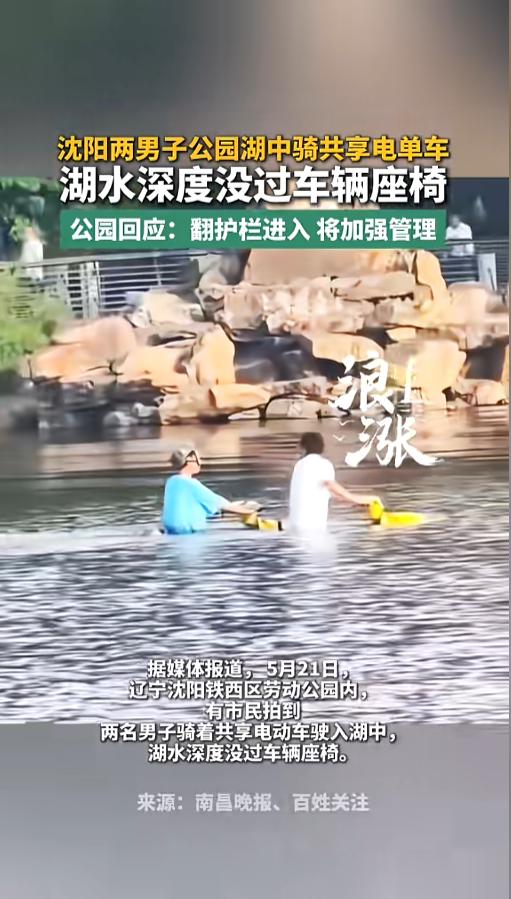 “完全不顾安危！”沈阳湖面上演惊险一幕，两名小伙不顾安危，骑着共享电车冲进湖水当