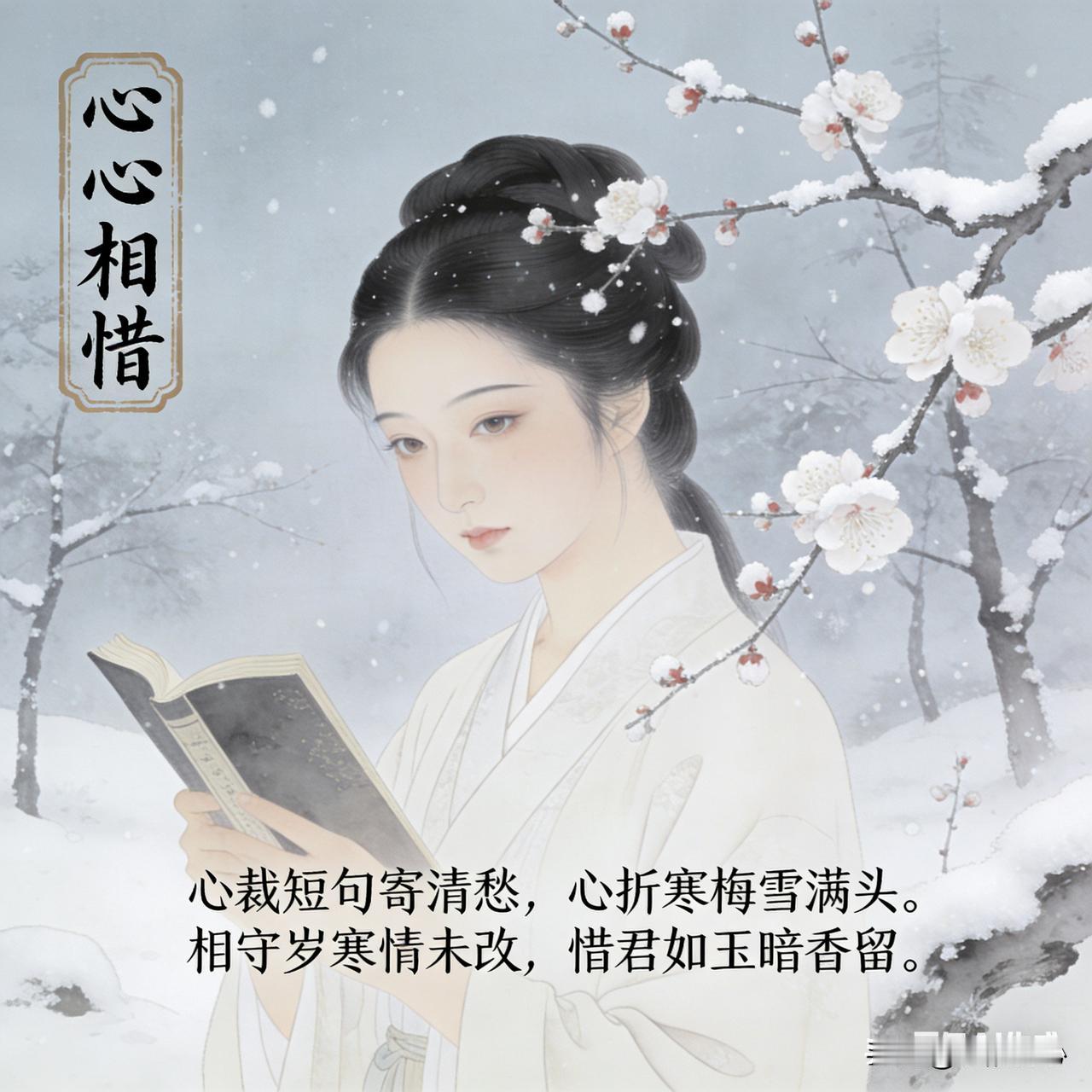 《心心相惜》乐韵诗心原创:
心裁短句寄清愁，
心折寒梅雪满头。
相守岁寒情未改，