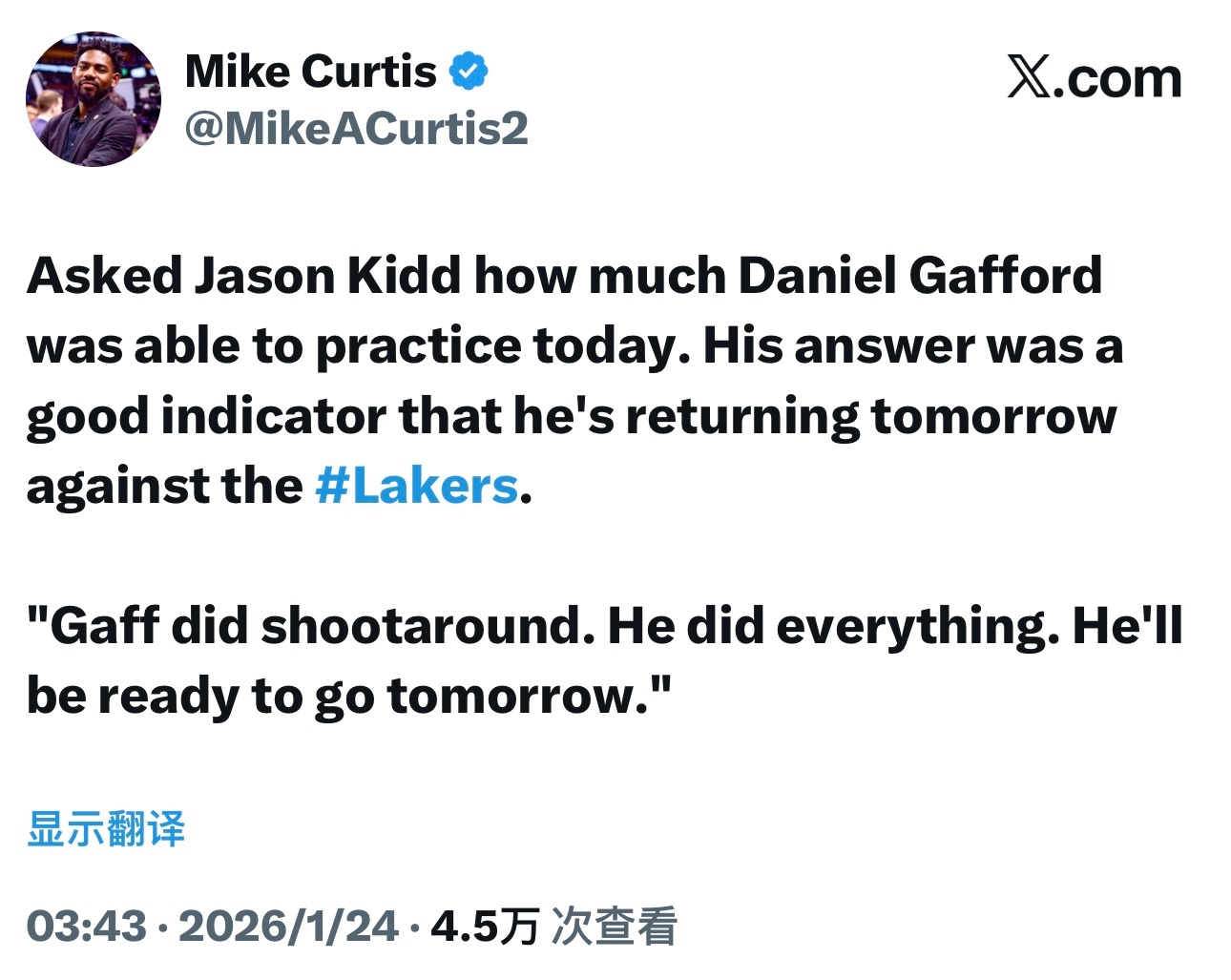 基德透露，加福德今天参加了所有的训练，他已经准备好明天复出了。加福德因脚踝扭伤缺