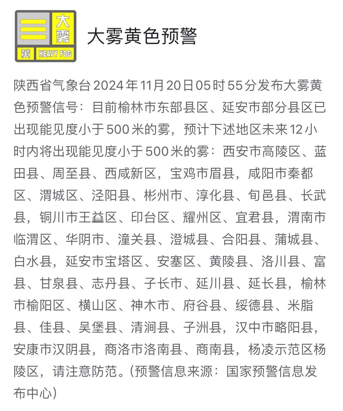 陕西省气象台发布大雾黄色预警信号