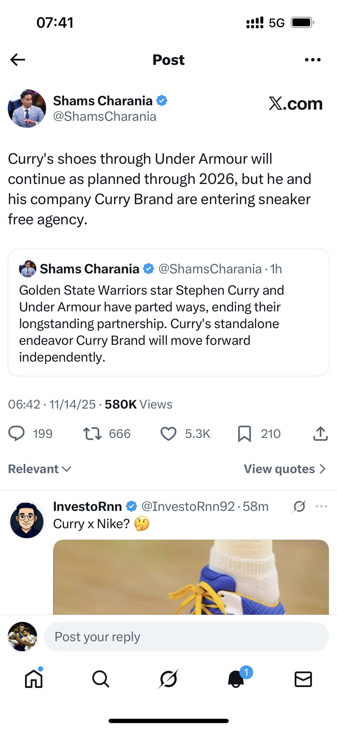 金州勇士队的球星斯蒂芬·库里和 Under Armour（安德玛）已经分道扬镳，