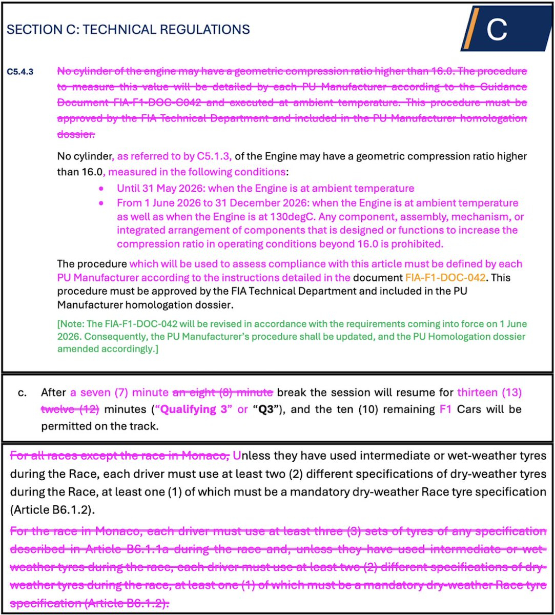 在最新版2026赛季F1规则中值得注意的修改：1. 从今年6月1日起，对于内燃机