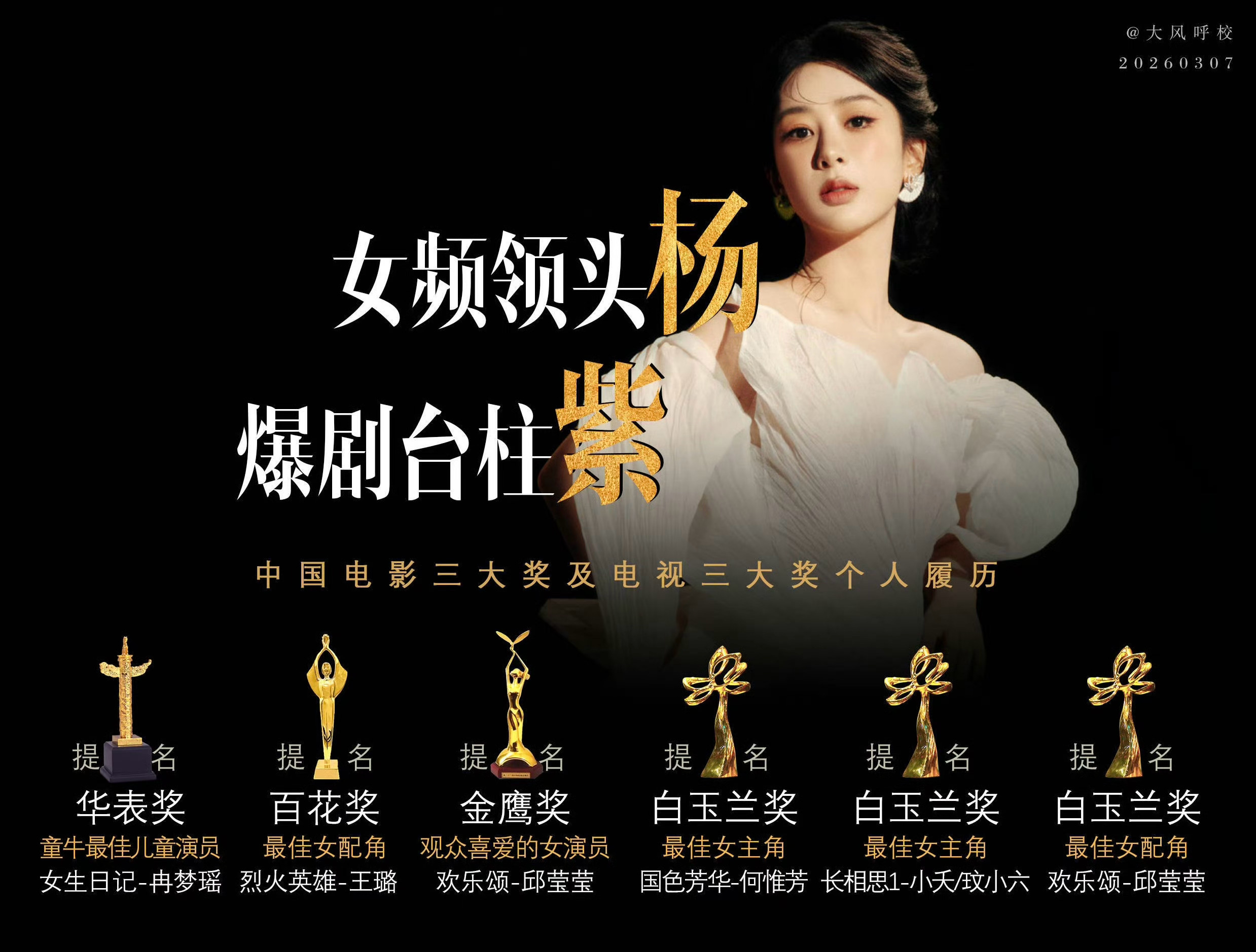竞争白玉兰视后的女演员奖项履历 加上本次白玉兰视后提名，杨紫7提主流奖，4提白玉