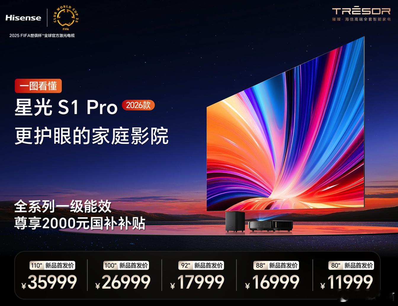 海信星光S1 Pro 2026款80英寸，11999元88英寸，16999元92