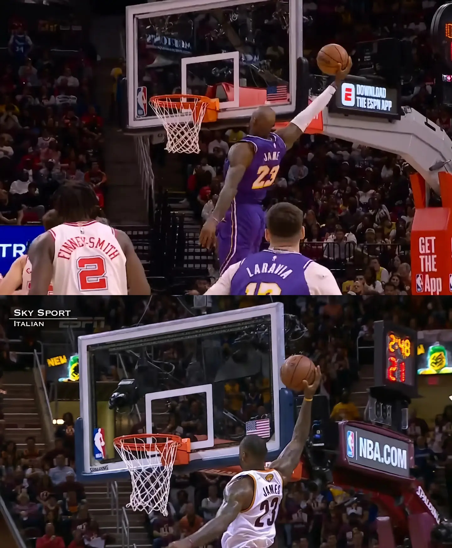 勒布朗-詹姆斯梦回巅峰，连续两次扣篮，一次满弓空接，一次超远距离滑翔暴扣，都快退