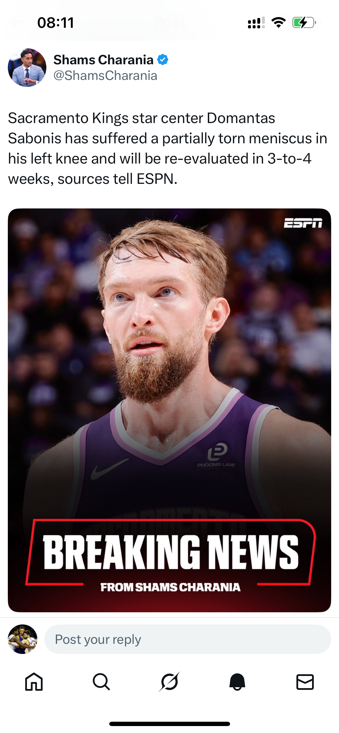 Shams：萨博尼斯的左膝遭遇了半月板部分撕裂，他将在 3 到 4 周后接受重新