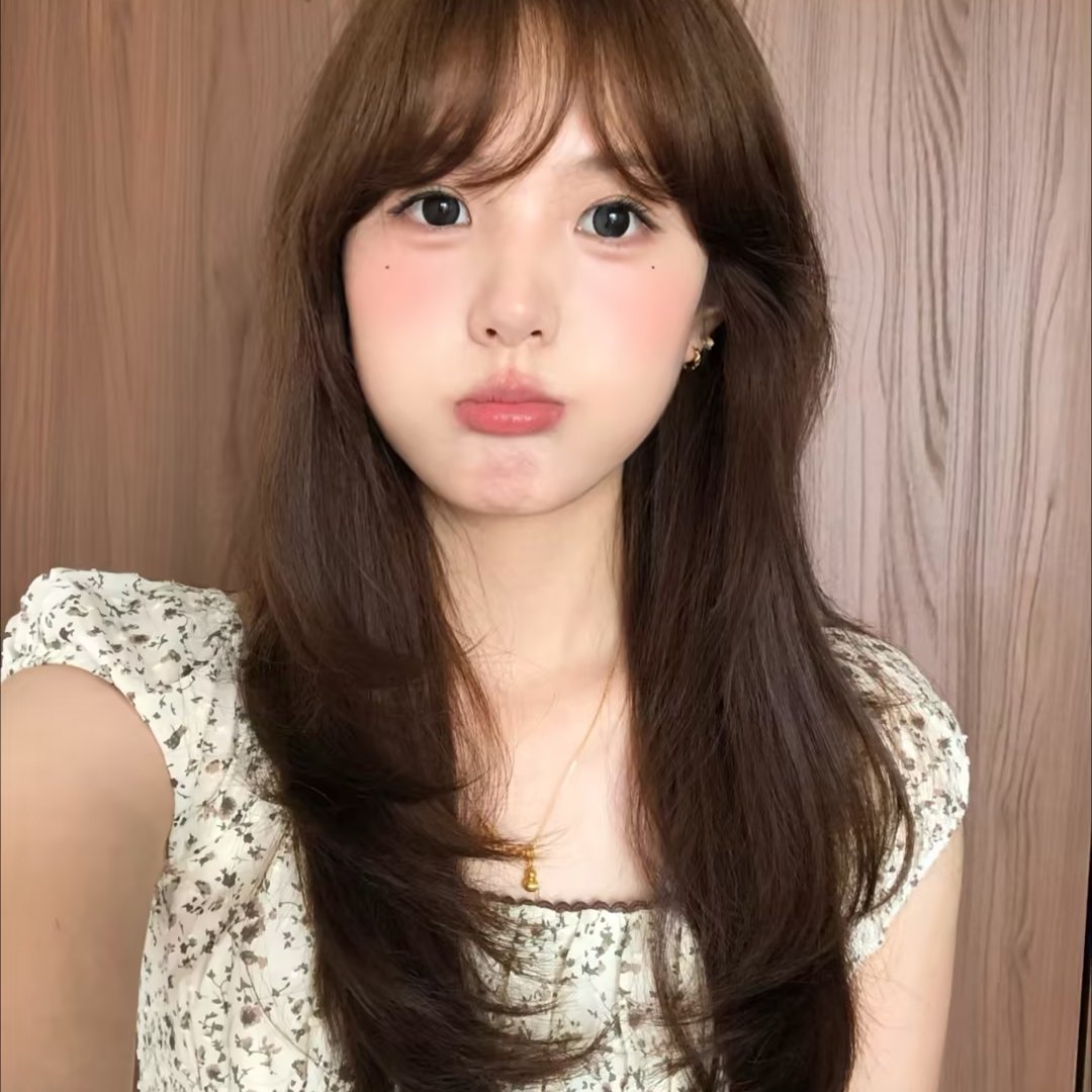 温柔棕感层次长发，无辜感淡粉嫩妹妆韩系温柔氛围感直接拉满的一套造型，暖棕调长发巨