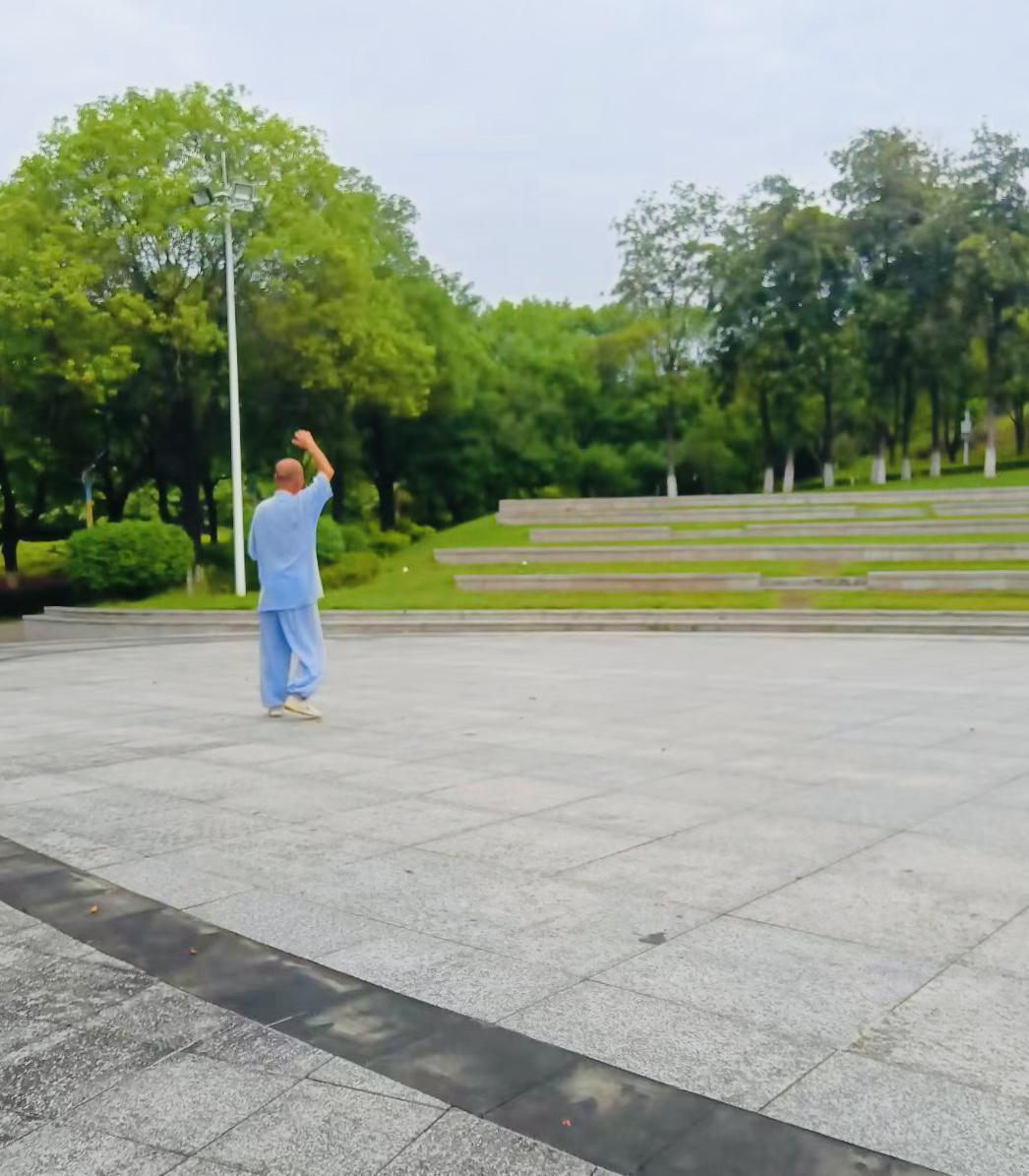 晴朗的天空下，一位打太极拳的老人，他身着宽松的白色练功服，一招一式都透着沉稳与力