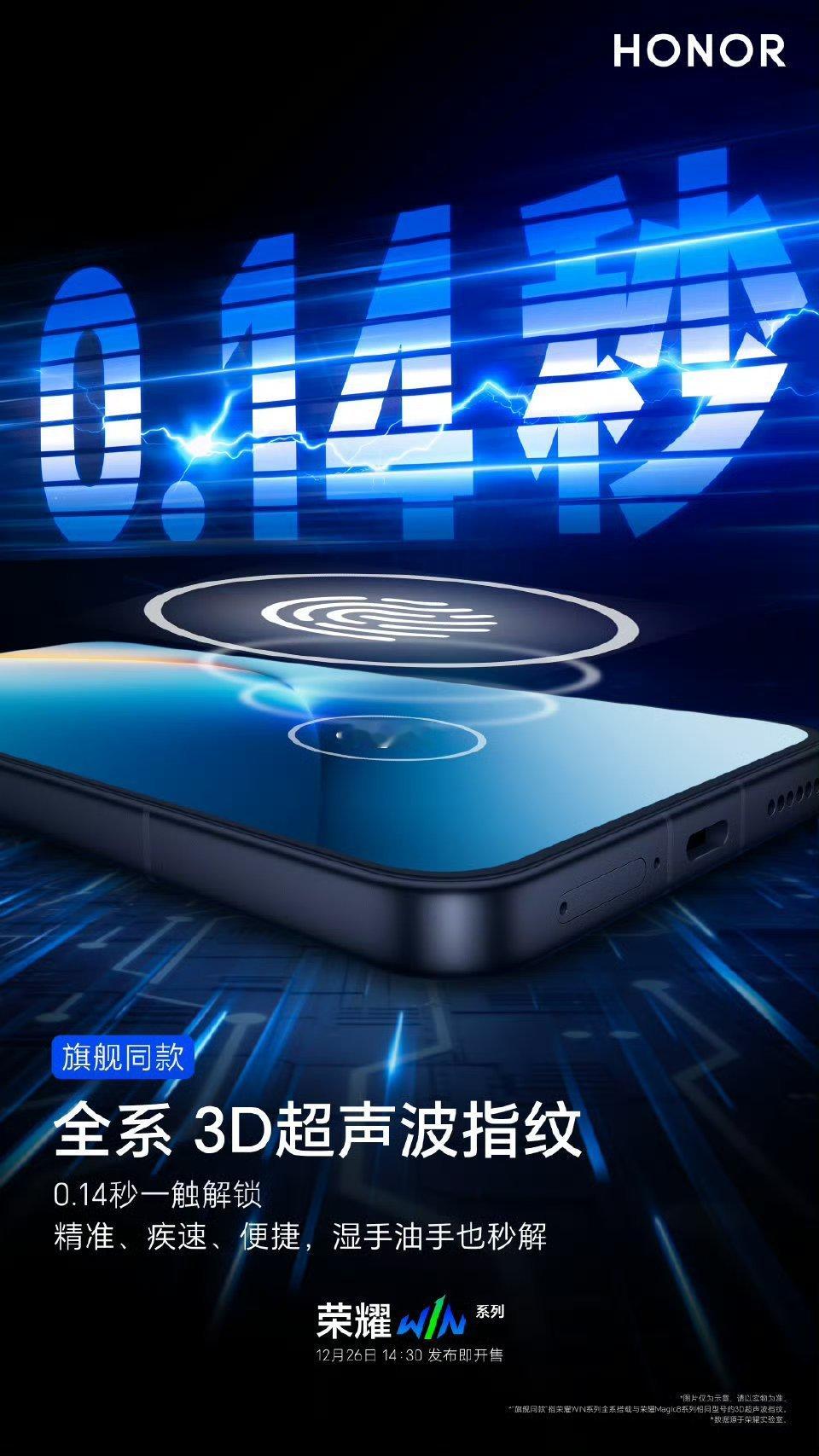 【荣耀WIN系列全系标配3D超声波指纹，号称“0.14秒一触解锁”】荣耀官方在微