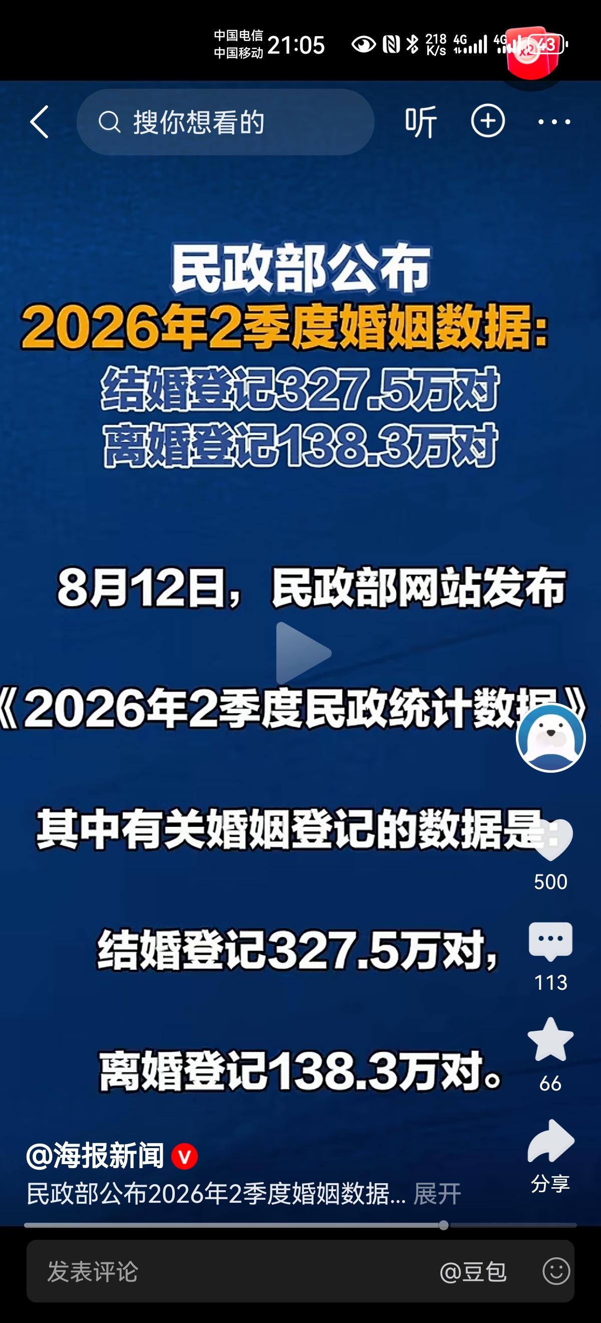 不看不知道，一看绝对吓一跳。
327.5万对结婚，138.3万对离婚。离婚率竟然